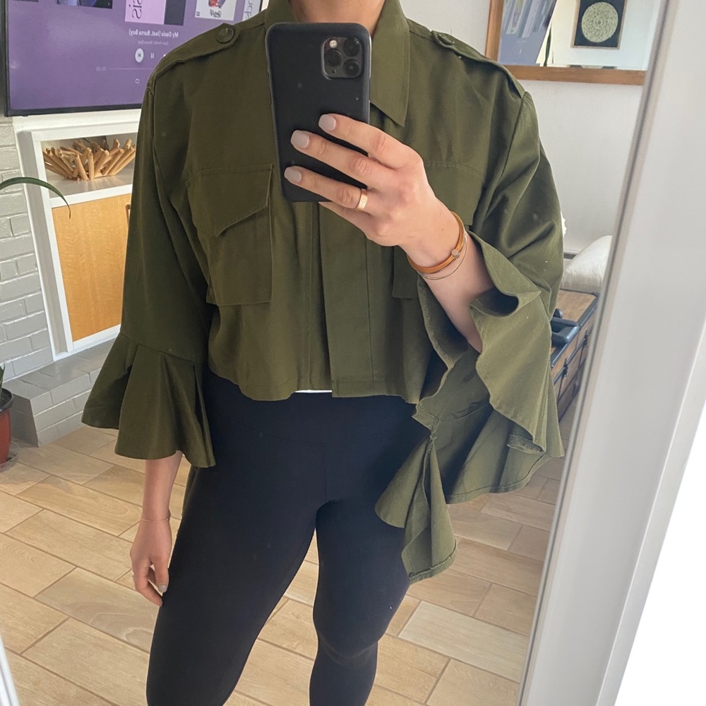 Cropped utility blazer with ruffled sleeve detail